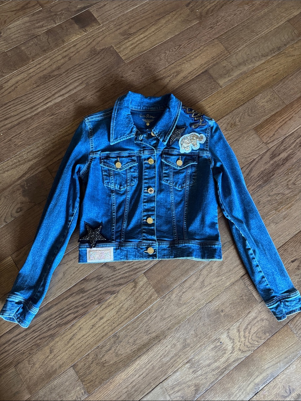 Lilly Pulitzer Seaspray Denim Jacket with Sequins and Patches